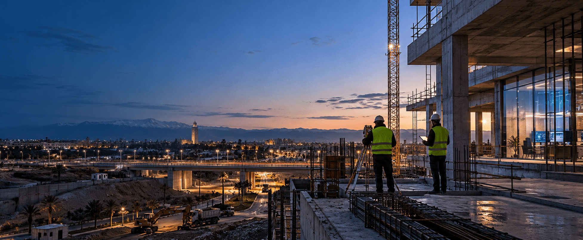 Chantier d’infrastructure à Marrakech au crépuscule
